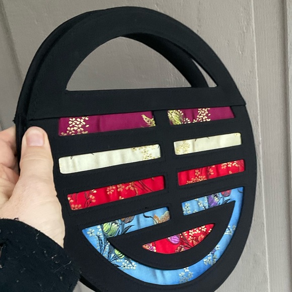 Nolita round cut out handle brocade colorful asian fabric modern purse bag - Picture 4 of 15